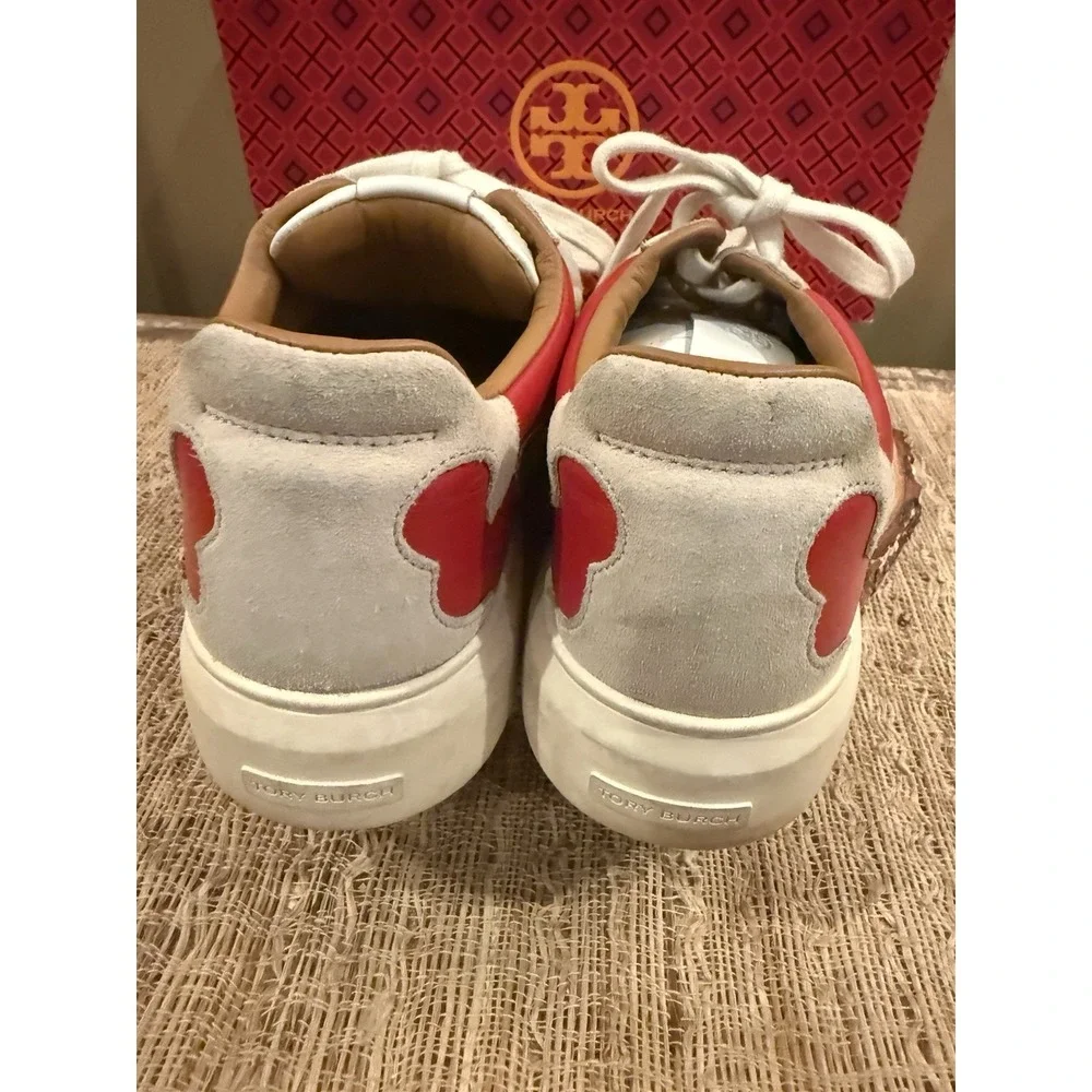 Tory Burch T Monogram Ladybug Court Sneaker 10.5M Beige Logo Red Leather Retro